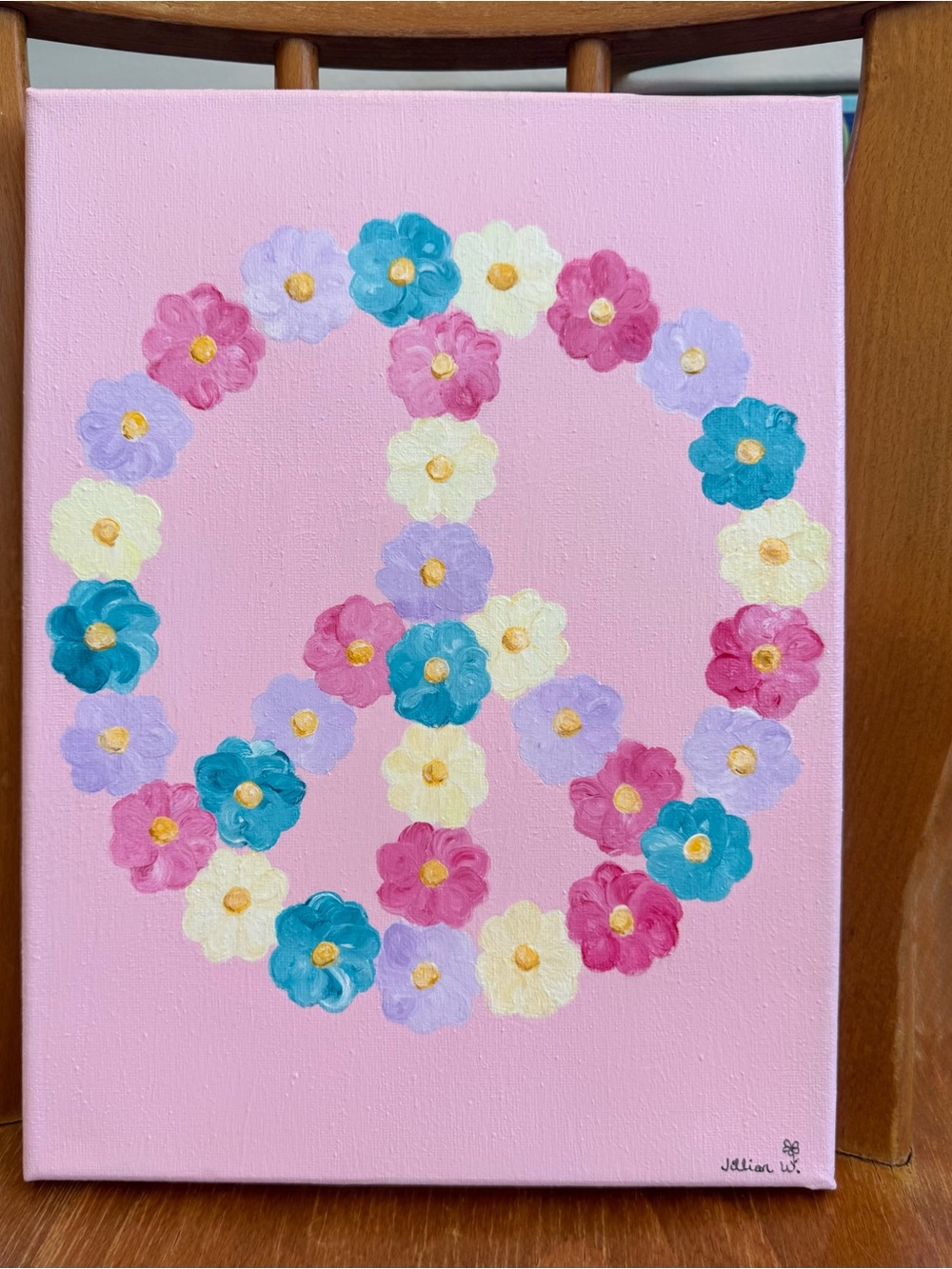 Original Hand-Painted Floral Peace Sign. Acrylic on Canvas. 12.5 x 9in. Signed.
